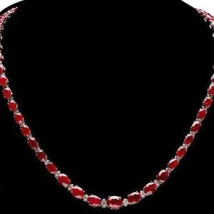 38.30Ct Natural Ruby and Diamond 14K Solid White Gold Necklace